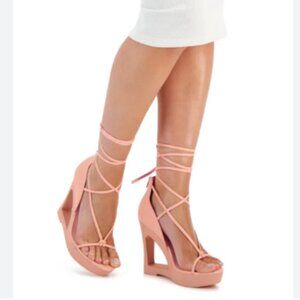NEW AAJ By Aminah Nina Lace-Up Architectural Wedge Peach orange 9 Heel Sandals
